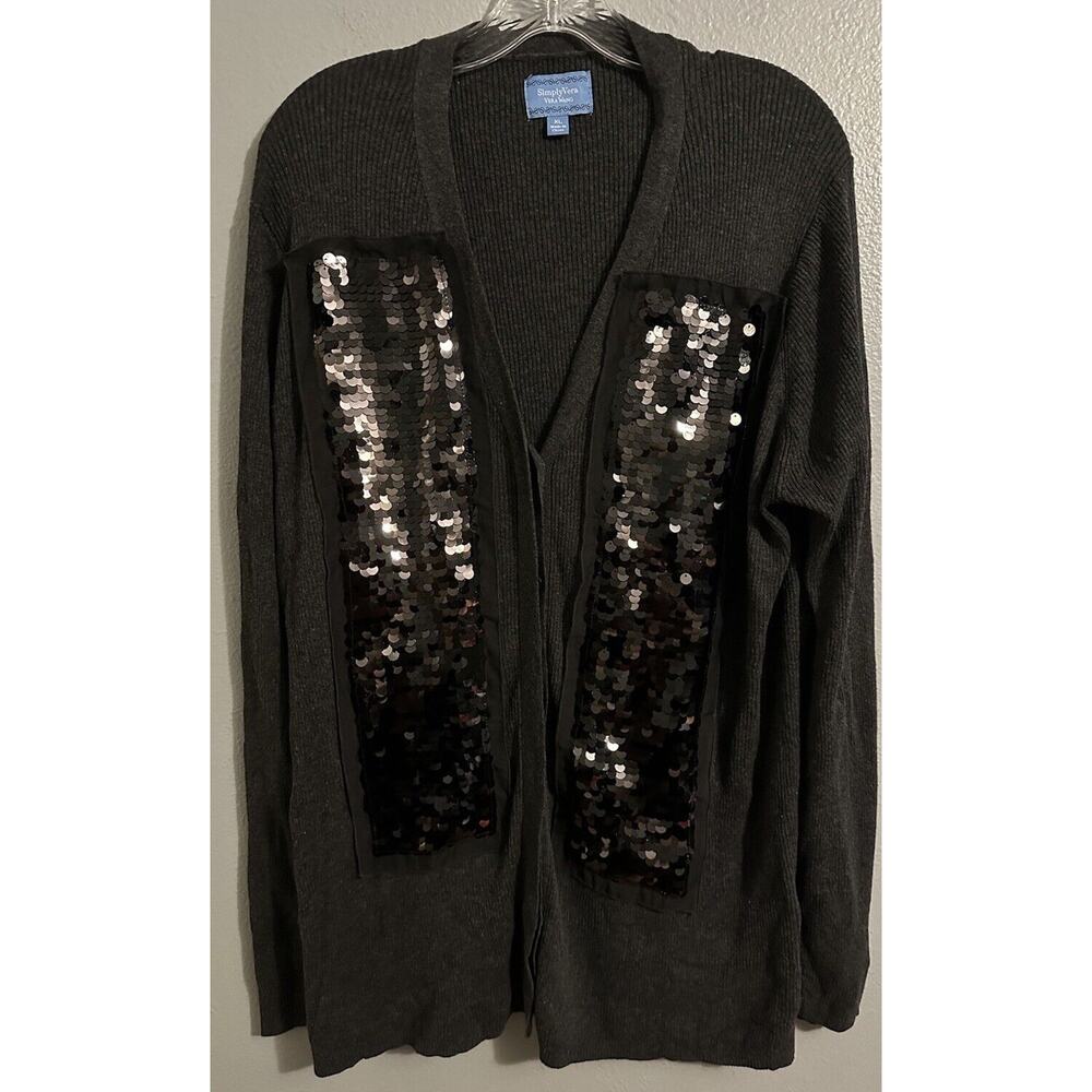 Simply Vera Wang Women’s XL Gray Black Sequins Cotton Rayon Cardigan Sweater